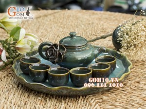Bộ ấm chén men hỏa biến đắp nổi hoa hồng, khay lá sen