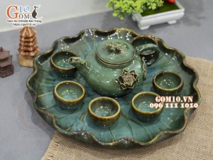 Bộ ấm chén men hỏa biến đắp nổi hoa sen 350ml, khay lá sen