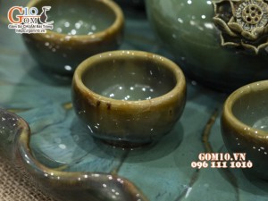 Bộ ấm chén men hỏa biến đắp nổi hoa sen 350ml, khay lá sen