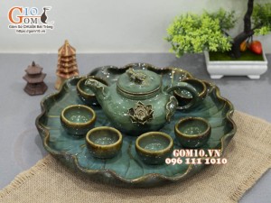Bộ ấm chén men hỏa biến đắp nổi hoa sen 350ml, khay lá sen