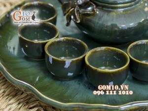 Bộ ấm chén men hỏa biến đắp nổi hoa sen, khay lá sen 