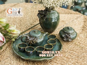 Bộ ấm chén men hỏa biến đắp nổi hoa sen, khay lá sen và phụ kiện