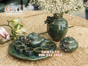 Bộ ấm chén men hỏa biến đắp nổi hoa sen, khay lá sen và phụ kiện