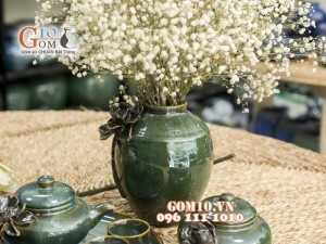 Bộ ấm chén men hỏa biến đắp nổi hoa sen, khay lá sen và phụ kiện