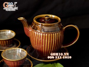 Bộ ấm chén men hỏa biến hồng Ngọc Lựu