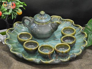 Bộ ấm chén men hỏa biến khay lá sen, dung tích 300ml