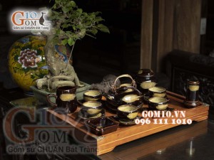 Bộ ấm chén men hỏa biến màu mật ong, đầy đủ phụ kiện