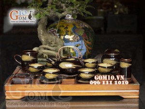 Bộ ấm chén men hỏa biến màu mật ong, đầy đủ phụ kiện