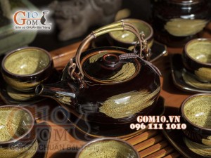 Bộ ấm chén men hỏa biến màu mật ong, đầy đủ phụ kiện