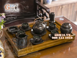 Bộ ấm chén men hỏa biến rêu đen - đầy đủ phụ kiện 400ml