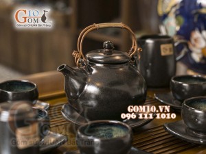 Bộ ấm chén men hỏa biến rêu đen - đầy đủ phụ kiện 400ml