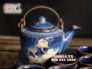 Bộ ấm chén men hỏa biến xanh đá khắc sen, khay vuông