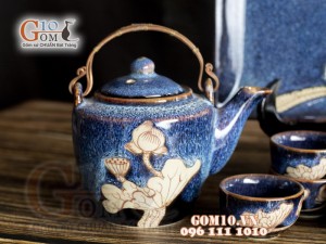 Bộ ấm chén men hỏa biến xanh đá khắc sen, khay vuông