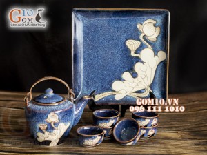 Bộ ấm chén men hỏa biến xanh đá khắc sen, khay vuông