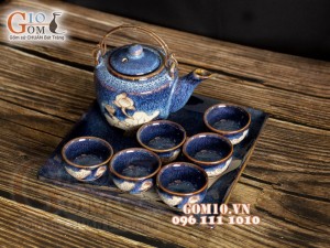 Bộ ấm chén men hỏa biến xanh đá khắc sen, khay vuông