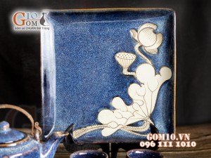 Bộ ấm chén men hỏa biến xanh đá khắc sen, khay vuông