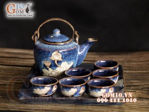 Bộ ấm chén men hỏa biến xanh đá khắc sen, khay vuông
