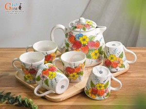 Bộ ấm chén men kem vẽ Dâu tây, 1,2 Lít