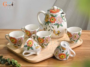 Bộ ấm chén men kem vẽ hoa 3 bông, 1,2 Lít