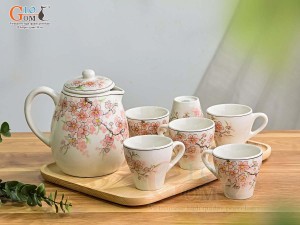 Bộ ấm chén men kem vẽ hoa đào hồng, 1 Lít