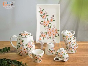 Bộ ấm chén men kem vẽ hoa Đào phai khay chữ nhật, 1 Lít