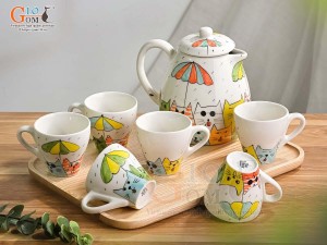 Bộ ấm chén men kem vẽ Mèo kute, 1 Lít