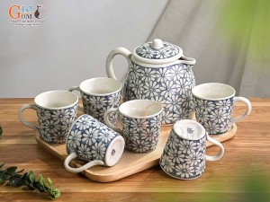 Bộ ấm chén men kem vẽ ngàn hoa tràm cổ, 1,2 Lít