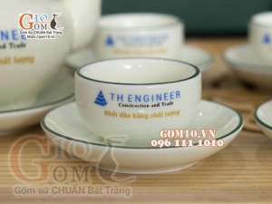Bộ ấm chén men kem vẽ Sen Xanh in logo