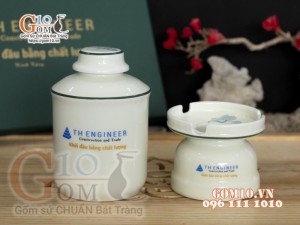 Bộ ấm chén men kem vẽ Sen Xanh in logo