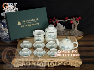Bộ ấm chén men kem vẽ Sen Xanh in logo