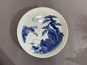 Bộ ấm chén men lam cổ họa tiết Trúc lâm thất hiền - Lã Vọng câu cá, khay tròn