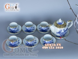 Bộ ấm chén dáng chóp men lam cổ vẽ sen bọc đồng 350ml