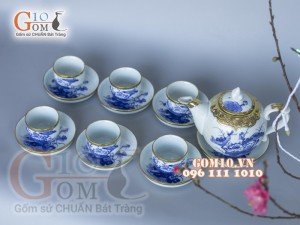 Bộ ấm chén dáng chóp men lam cổ vẽ sen bọc đồng 350ml