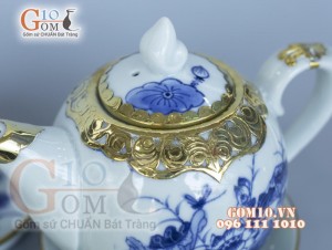 Bộ ấm chén dáng chóp men lam cổ vẽ sen bọc đồng 350ml