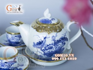 Bộ ấm chén dáng chóp men lam cổ vẽ sen bọc đồng 350ml