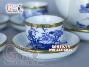 Bộ ấm chén dáng chóp men lam cổ vẽ sen bọc đồng 350ml