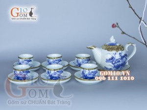 Bộ ấm chén dáng chóp men lam cổ vẽ sen bọc đồng 350ml
