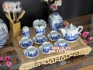 Bộ ấm chén men lam dáng bưởi vẽ Trúc Lâm Thất Hiền đầy đủ phụ kiện,chỉ vàng kim 350ml