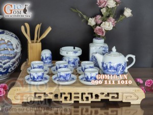 Bộ ấm chén men lam dáng bưởi vẽ Trúc Lâm Thất Hiền đầy đủ phụ kiện,chỉ vàng kim 350ml