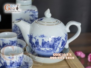 Bộ ấm chén men lam dáng bưởi vẽ Trúc Lâm Thất Hiền đầy đủ phụ kiện,chỉ vàng kim 350ml