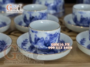 Bộ ấm chén men lam dáng bưởi vẽ Trúc Lâm Thất Hiền đầy đủ phụ kiện,chỉ vàng kim 350ml