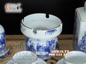 Bộ ấm chén men lam dáng bưởi vẽ Trúc Lâm Thất Hiền đầy đủ phụ kiện,chỉ vàng kim 350ml