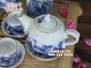 Bộ ấm chén men lam dáng bưởi vẽ Trúc Lâm Thất Hiền đầy đủ phụ kiện,chỉ vàng kim 350ml