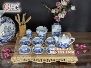 Bộ ấm chén men lam dáng bưởi vẽ Trúc Lâm Thất Hiền đầy đủ phụ kiện,chỉ vàng kim 350ml