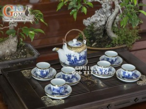 Bộ ấm chén men lam dáng vại cảnh trúc lâm thất hiền, bọc đồng 450ml