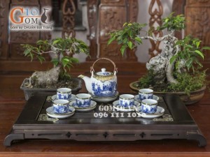 Bộ ấm chén men lam dáng vại cảnh trúc lâm thất hiền, bọc đồng 450ml