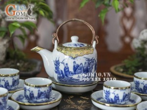 Bộ ấm chén men lam dáng vại cảnh trúc lâm thất hiền, bọc đồng 450ml