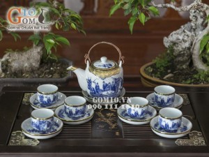 Bộ ấm chén men lam dáng vại cảnh trúc lâm thất hiền, bọc đồng 450ml