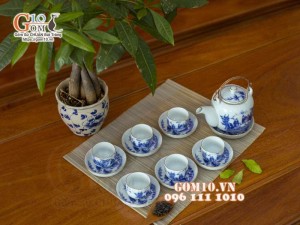 Bộ ấm chén men lam dáng vại vẽ Trúc lâm thất hiền, chỉ vàng kim 450ml