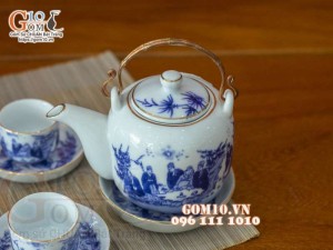 Bộ ấm chén men lam dáng vại vẽ Trúc lâm thất hiền, chỉ vàng kim 450ml